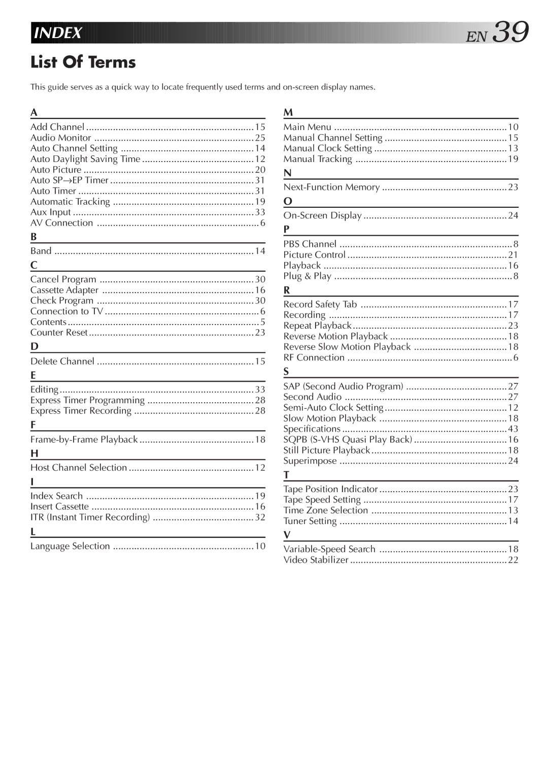 JVC HR-A51U manual Index, List Of Terms, Express Timer Programming 