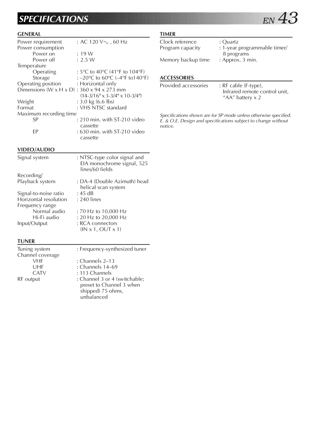 JVC HR-A51U manual Specification S, 20C to 60C -4F to140F, Infrared remote control unit 