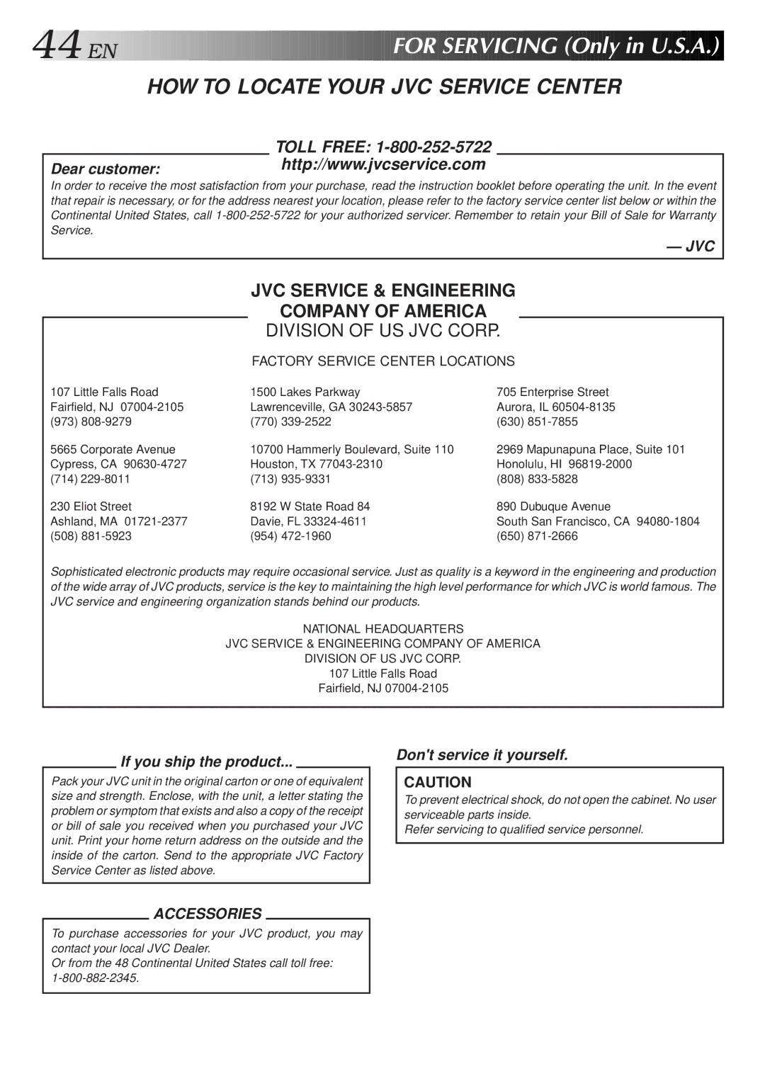 JVC HR-A51U manual For Servicing Only in U.S.A, HOW to Locate Your JVC Service Center 