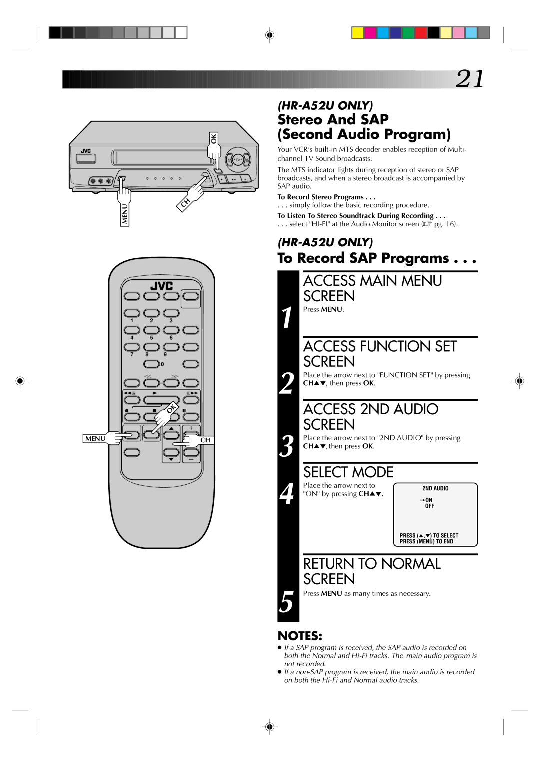 JVC HR-A32U, HR-A52U, HR-A52U(Hi-Fi) Access 2ND Audio, Stereo And SAP Second Audio Program, To Record SAP Programs 