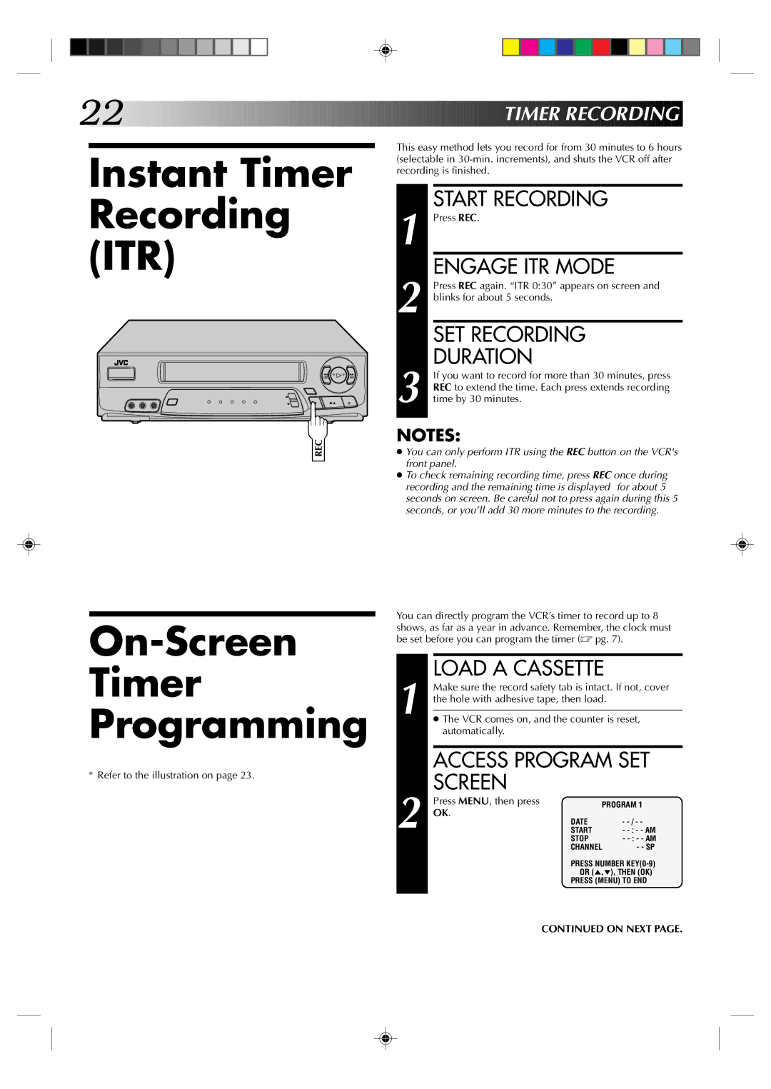 JVC HR-A52U(Hi-Fi) Instant Timer Recording ITR, On-Screen Timer Programming, Engage ITR Mode, SET Recording Duration 