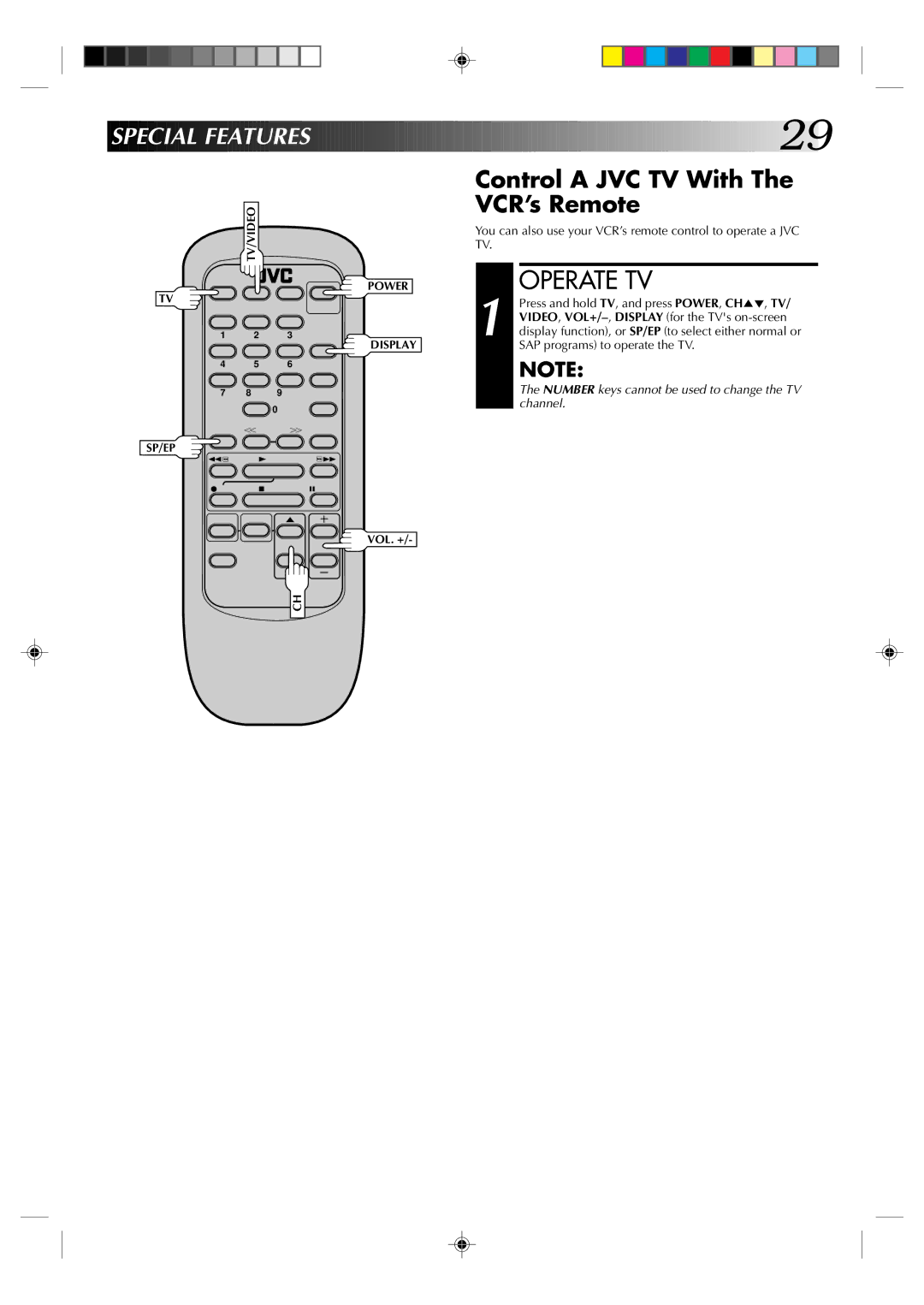 JVC HR-A32U, HR-A52U, HR-A52U(Hi-Fi) instruction manual Operate TV, Control a JVC TV With The VCR’s Remote 