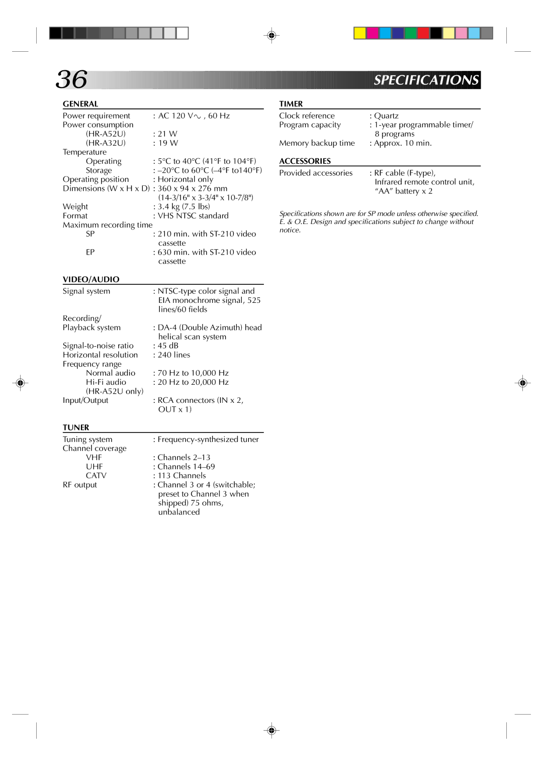 JVC HR-A52U(Hi-Fi), HR-A32U, HR-A52U instruction manual Specifications 