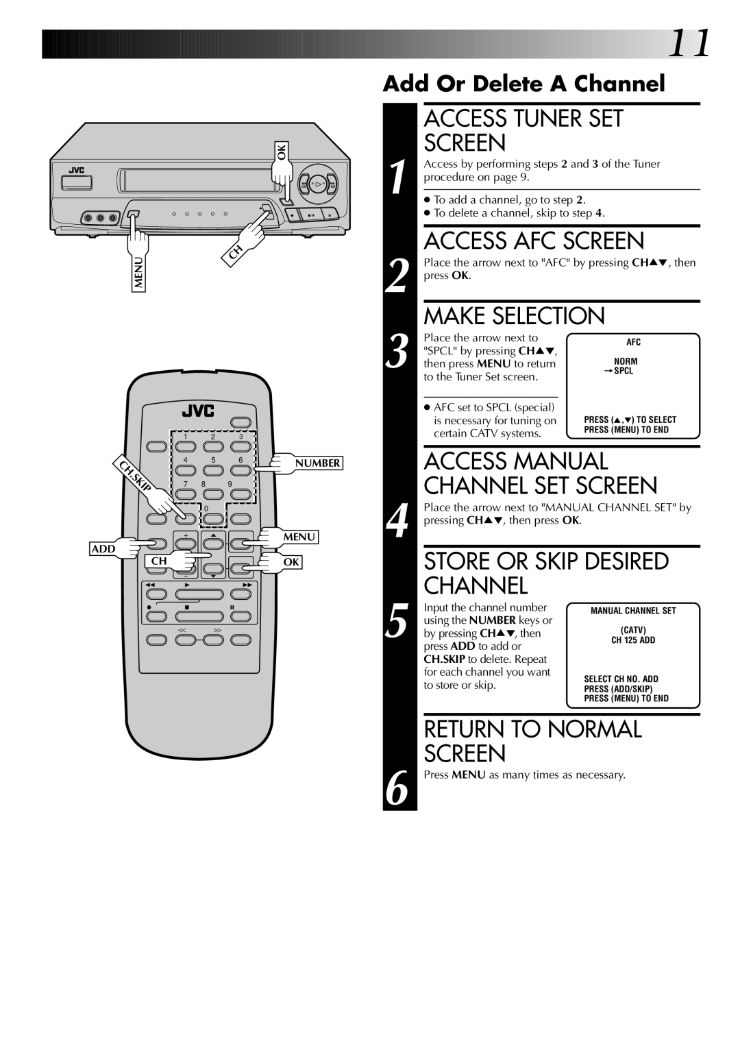 JVC HR-A53U Access Tuner SET, Access AFC Screen, Make Selection, Access Manual, Channel SET Screen, Return to Normal 