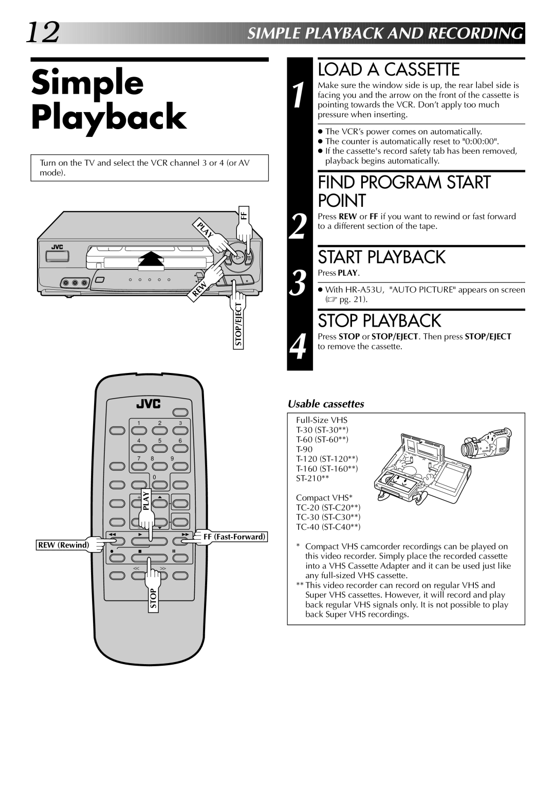 JVC HR-A53U instruction manual Simple Playback, Load a Cassette, Find Program Start Point, Start Playback, Stop Playback 