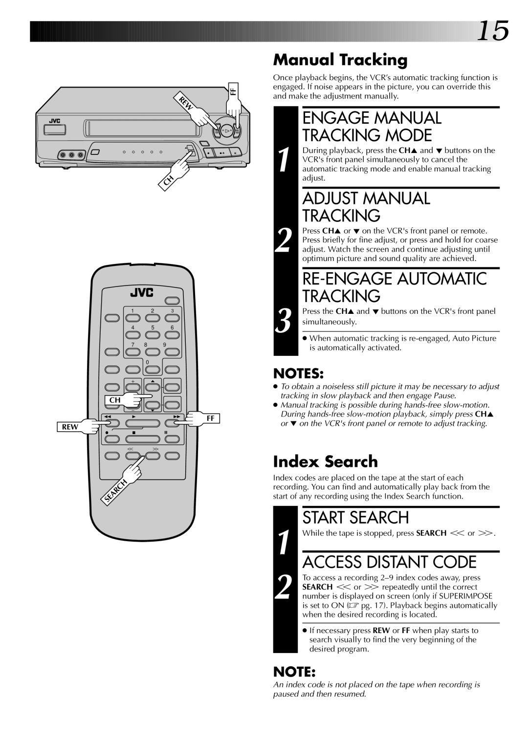 JVC HR-A53U Engage Manual Tracking Mode, Adjust Manual Tracking, RE-ENGAGE Automatic Tracking, Start Search 