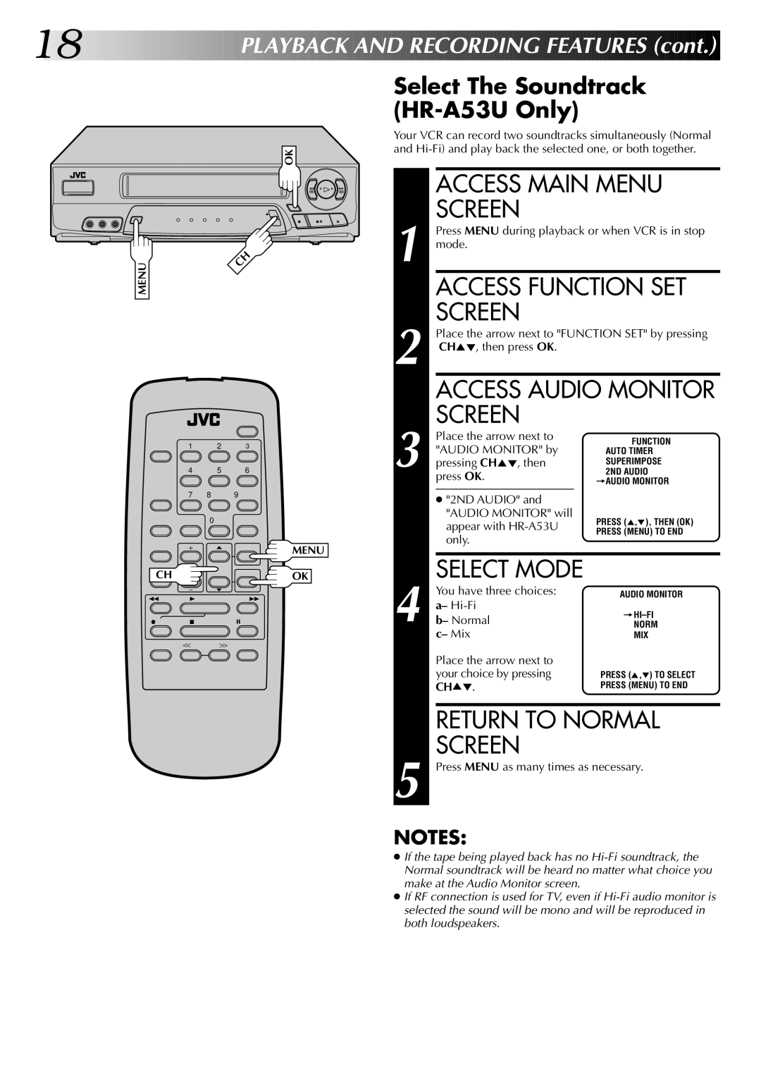 JVC instruction manual Access Audio Monitor, Select Mode, Select The Soundtrack HR-A53U Only, Mix 