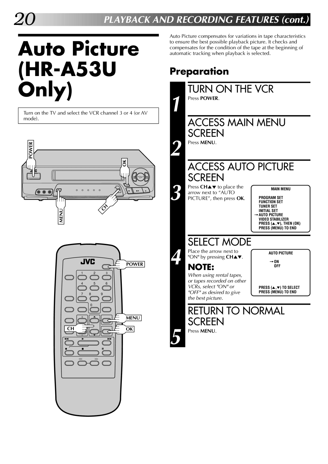 JVC instruction manual Auto Picture HR-A53U Only, Access Auto Picture, Preparation 