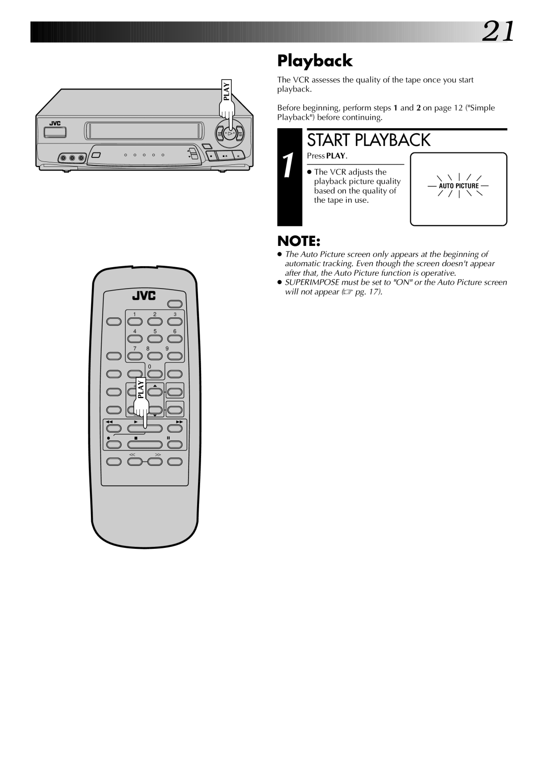 JVC HR-A53U instruction manual Press Play VCR adjusts Playback picture quality, Based on the quality Tape in use 