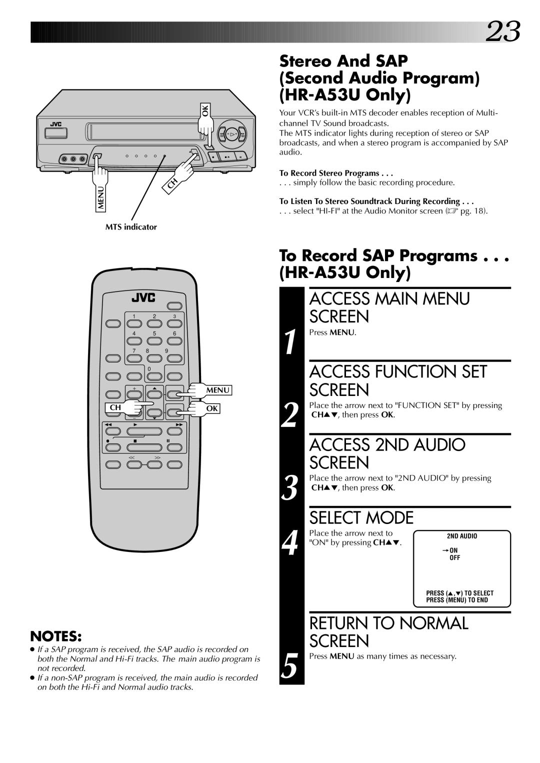 JVC Access 2ND Audio, Stereo And SAP Second Audio Program HR-A53U Only, To Record SAP Programs HR-A53U Only 