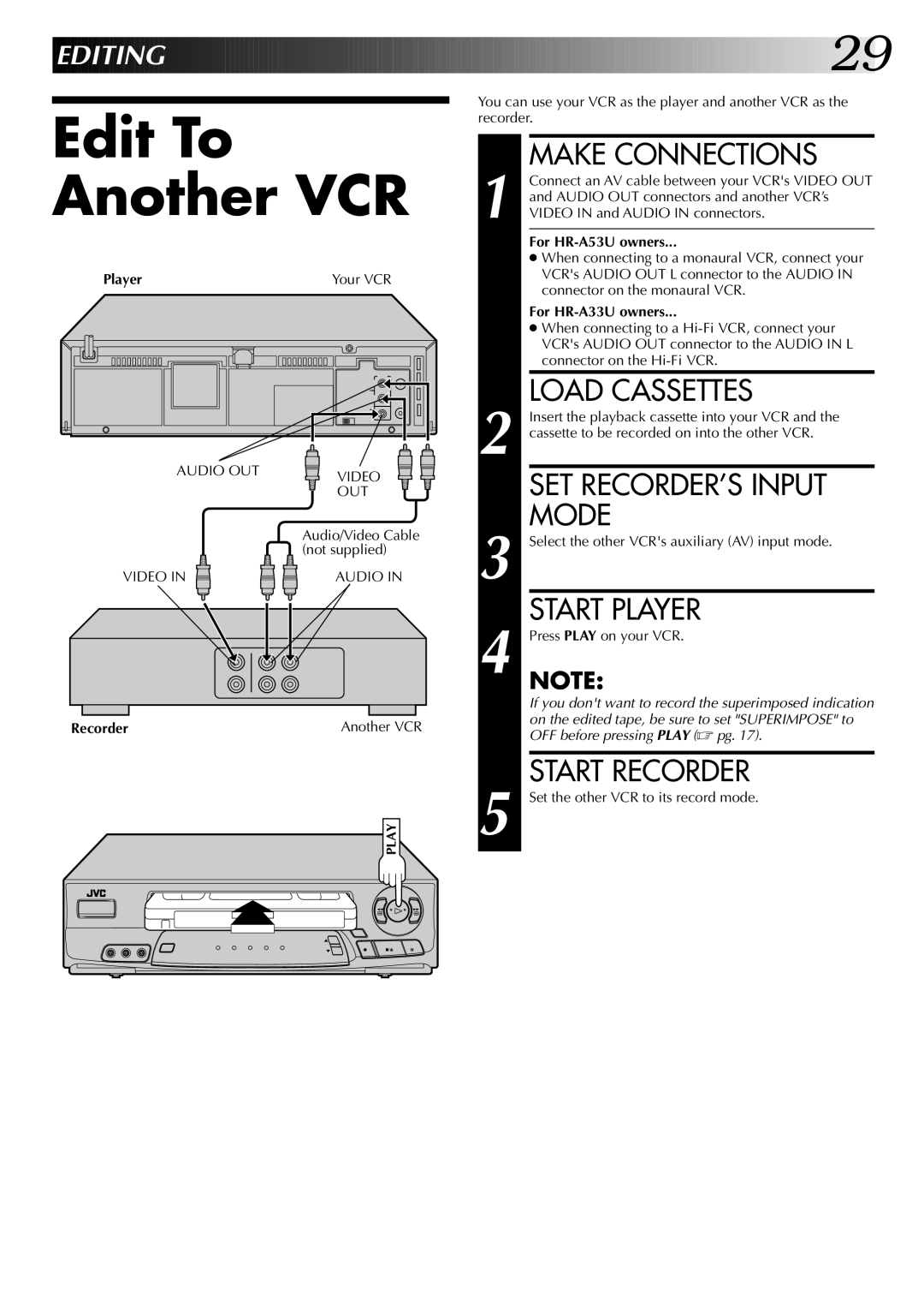 JVC HR-A53U instruction manual Edit To Another VCR 