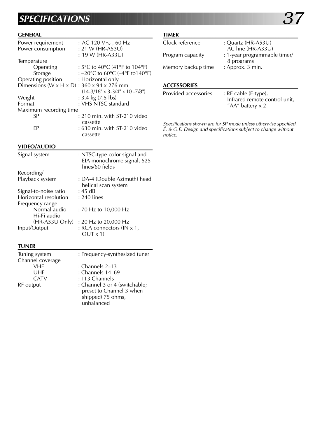 JVC HR-A53U instruction manual Specifications 