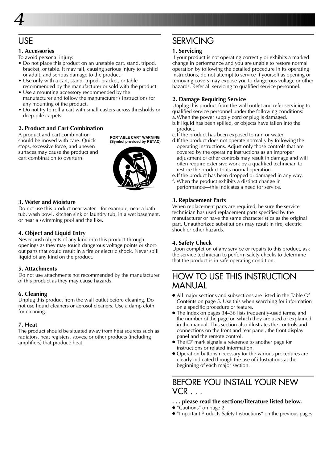 JVC HR-A53U instruction manual Product and cart combination, Should be moved with care. Quick 