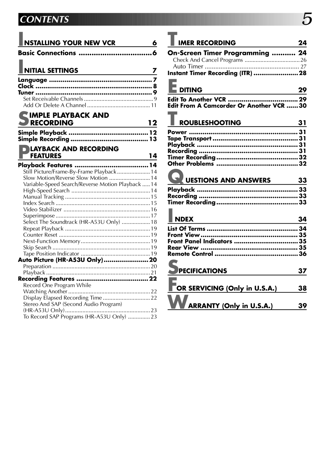 JVC HR-A53U instruction manual Contents 