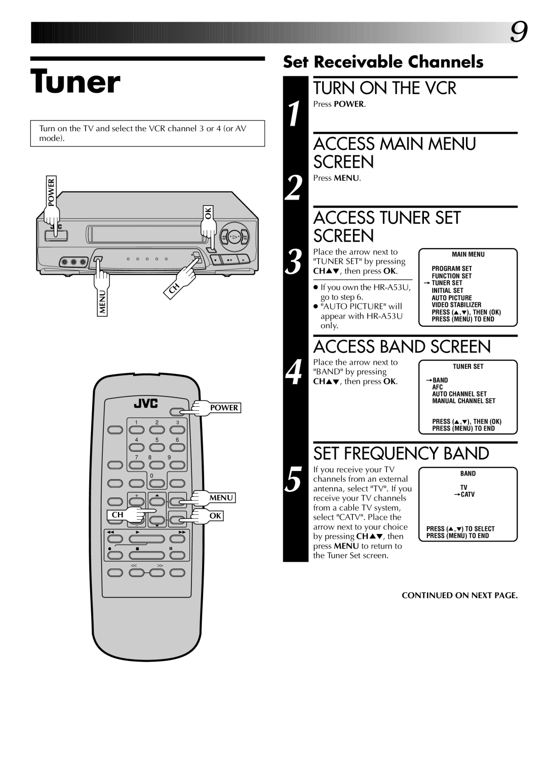 JVC HR-A53U instruction manual Tuner, Set Receivable Channels 