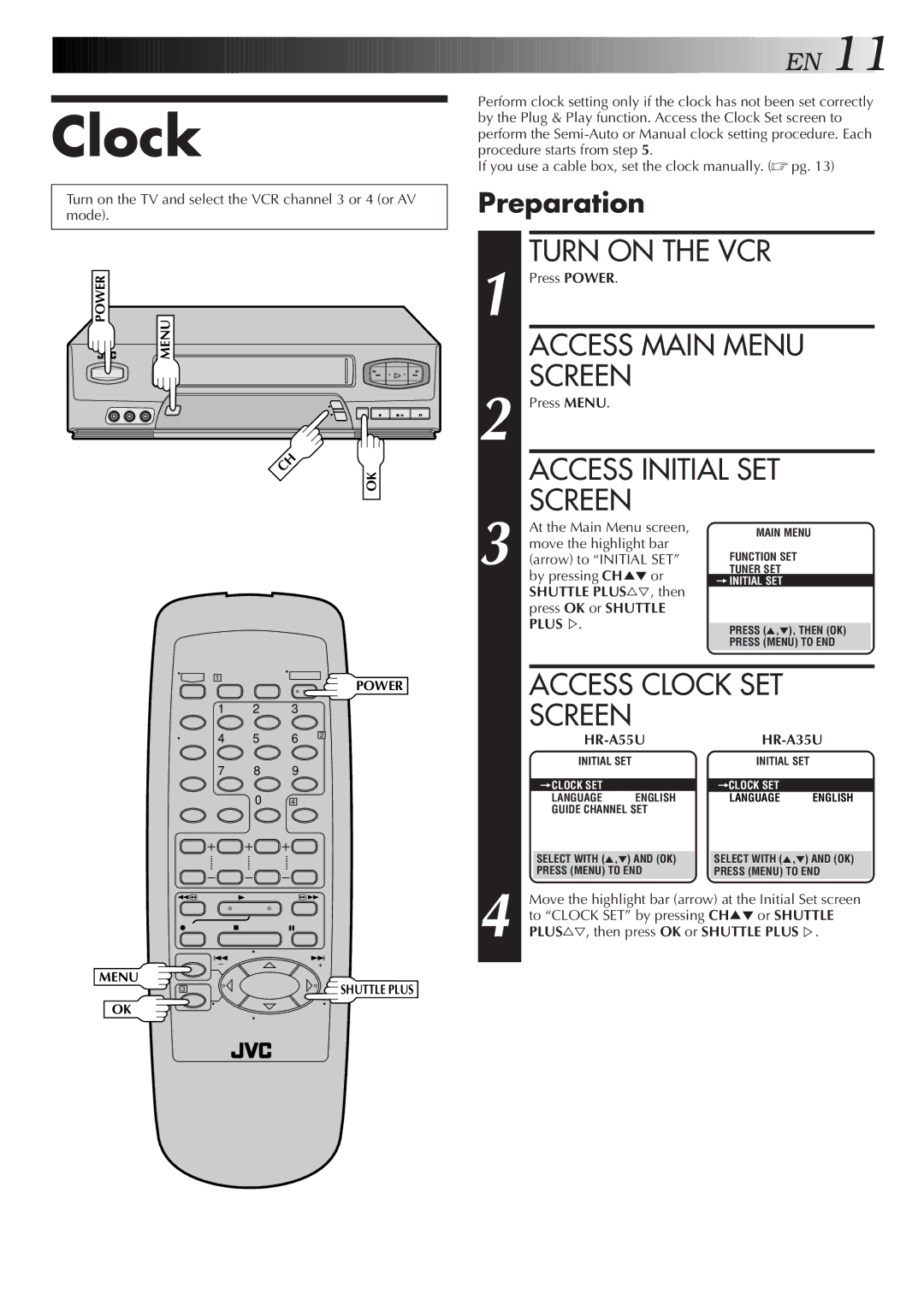 JVC HR-A55U instruction manual Clock, Preparation 