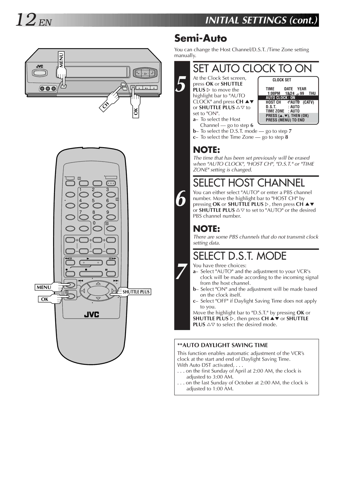 JVC HR-A55U instruction manual SET Auto Clock to on, Select Host Channel, Select D.S.T. Mode, Semi-Auto 