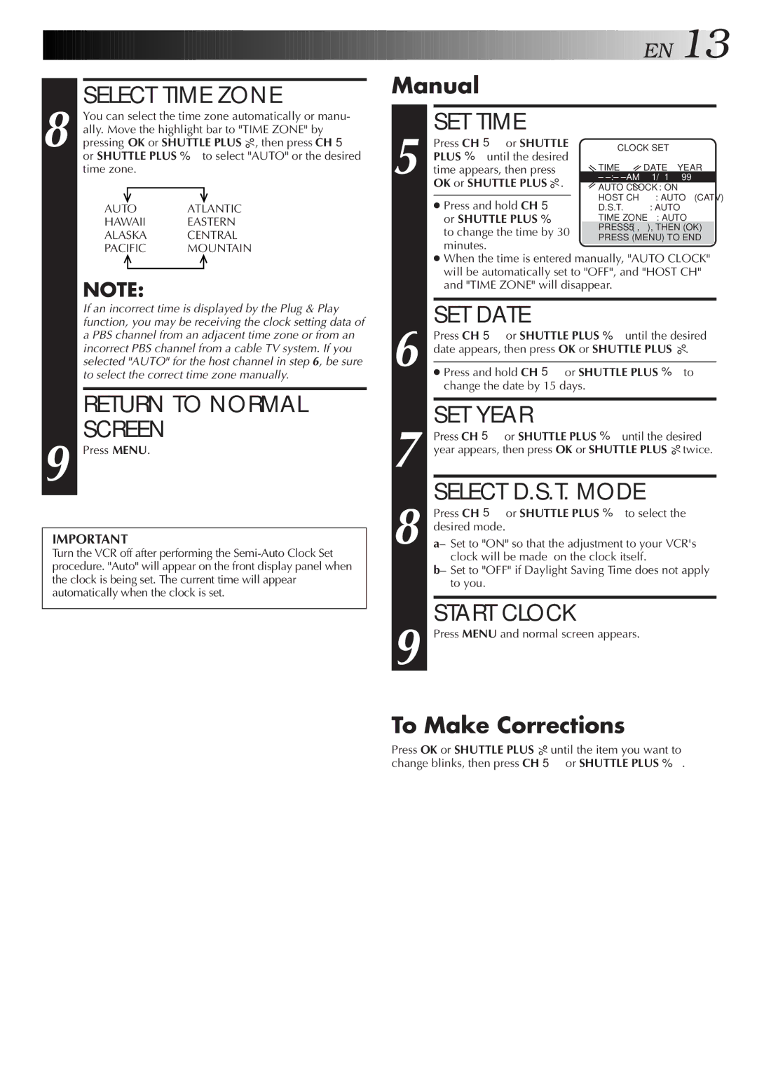 JVC HR-A55U instruction manual Select Time Zone, Return to Normal Screen, SET Time, SET Date, SET Year, Start Clock 