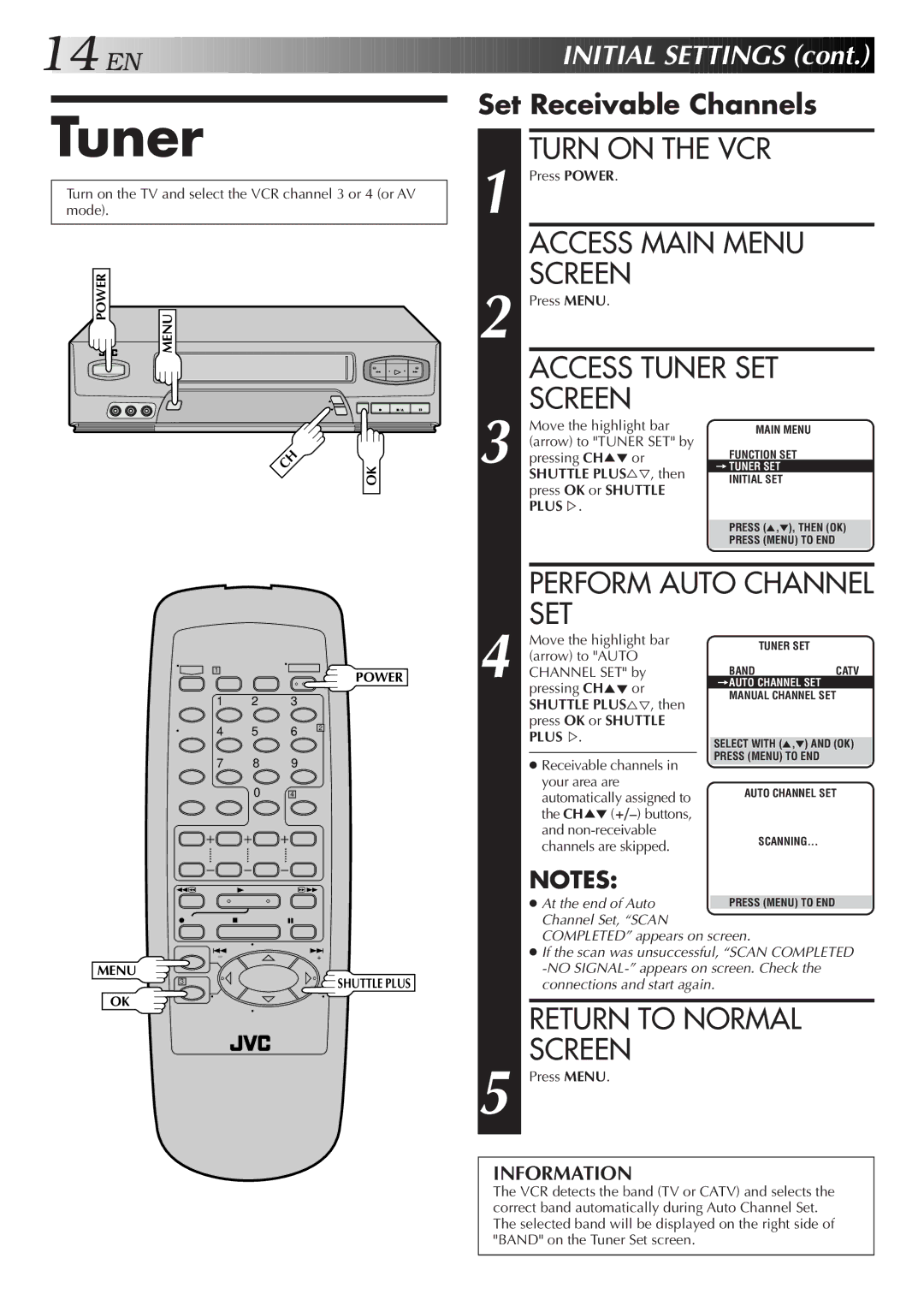 JVC HR-A55U instruction manual Turn on the VCR, Access Tuner SET Screen, Set Receivable Channels 