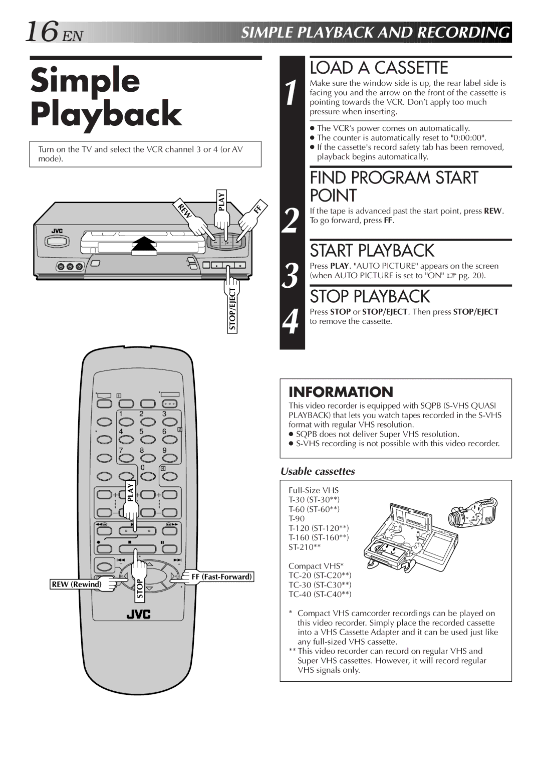 JVC HR-A55U instruction manual Simple Playback, Load a Cassette, Find Program Start Point, Start Playback, Stop Playback 