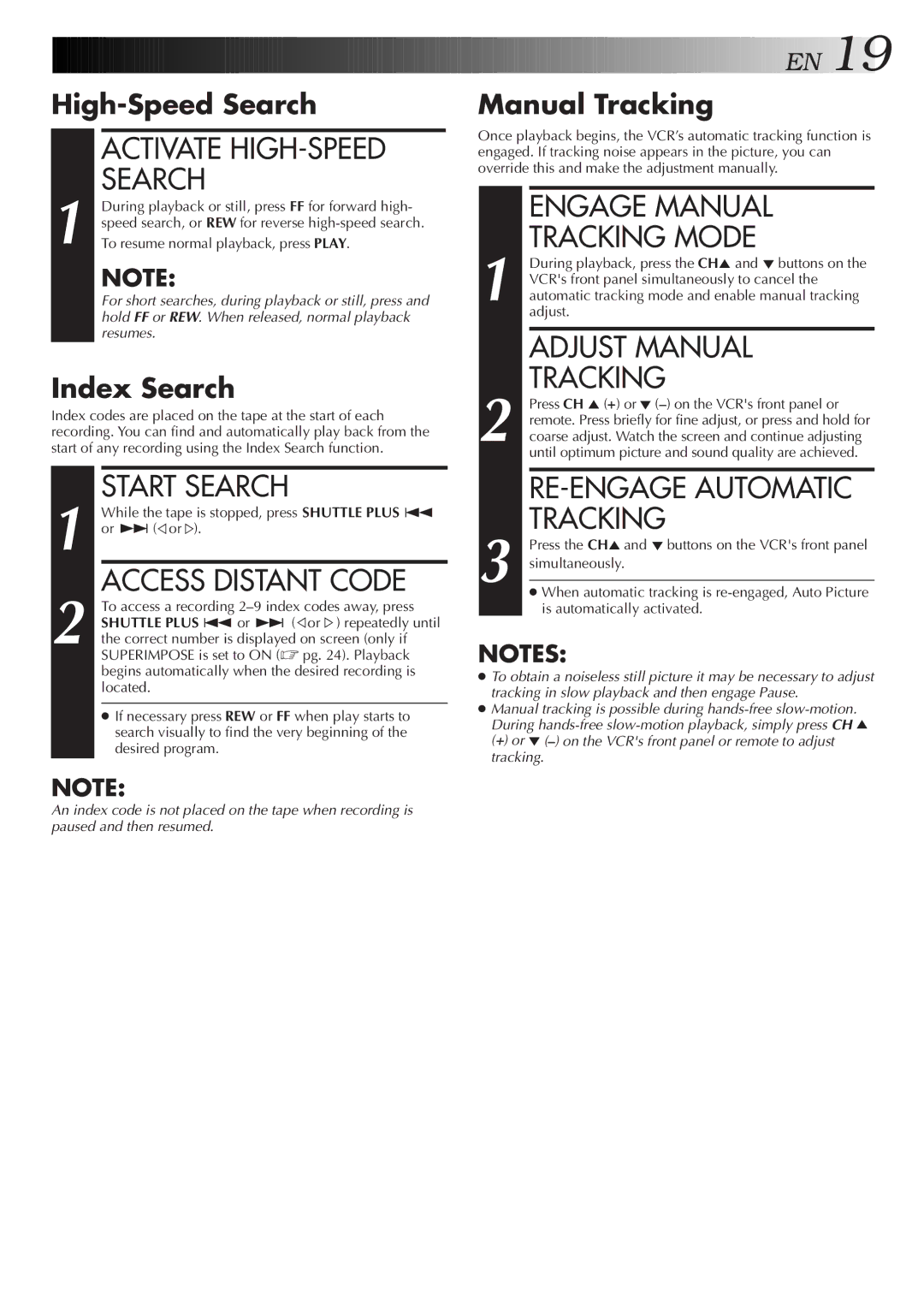 JVC HR-A55U instruction manual Activate HIGH-SPEED, Start Search, Access Distant Code, Engage Manual Tracking Mode 