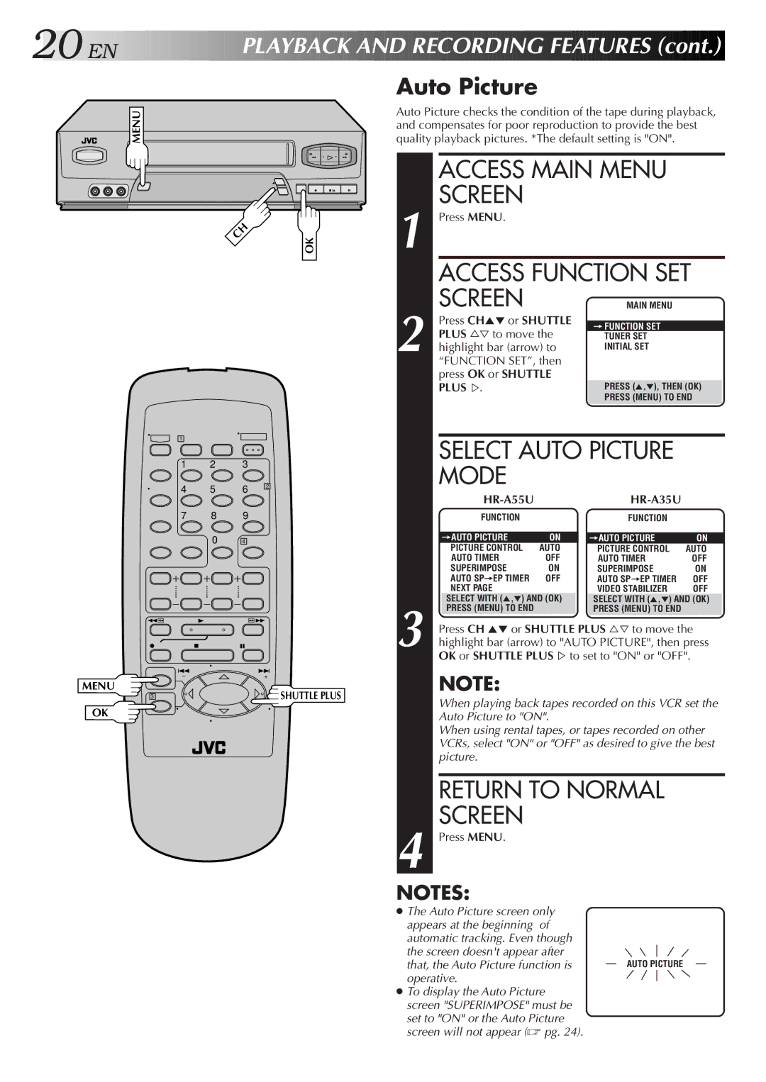 JVC HR-A55U instruction manual Access Main Menu, Access Function SET, Select Auto Picture Mode 