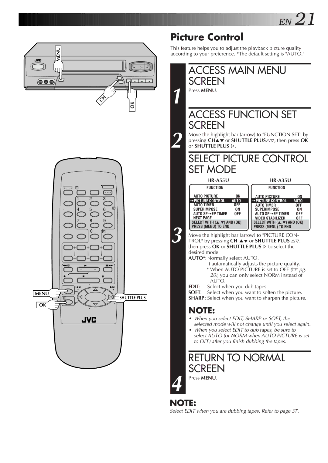 JVC instruction manual SET Mode, Picture Control, HR-A55U HR-A35U 