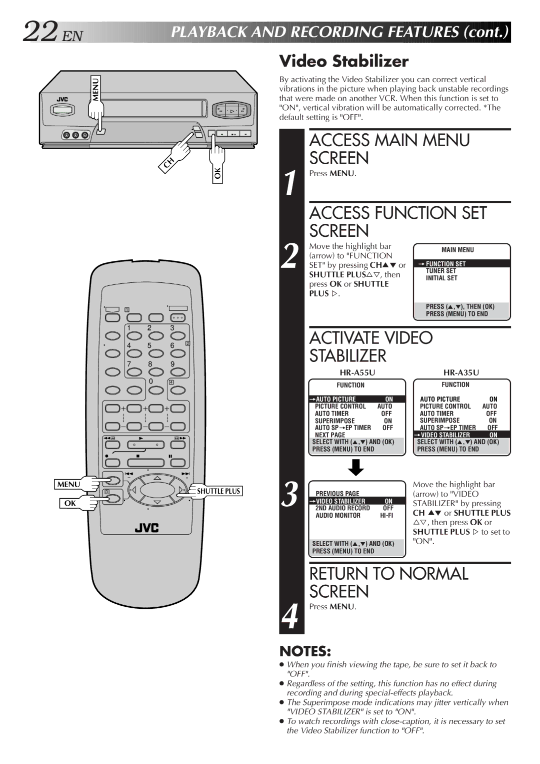 JVC HR-A55U instruction manual Video Stabilizer, Arrow to Video, Stabilizer by pressing, Then press OK or 