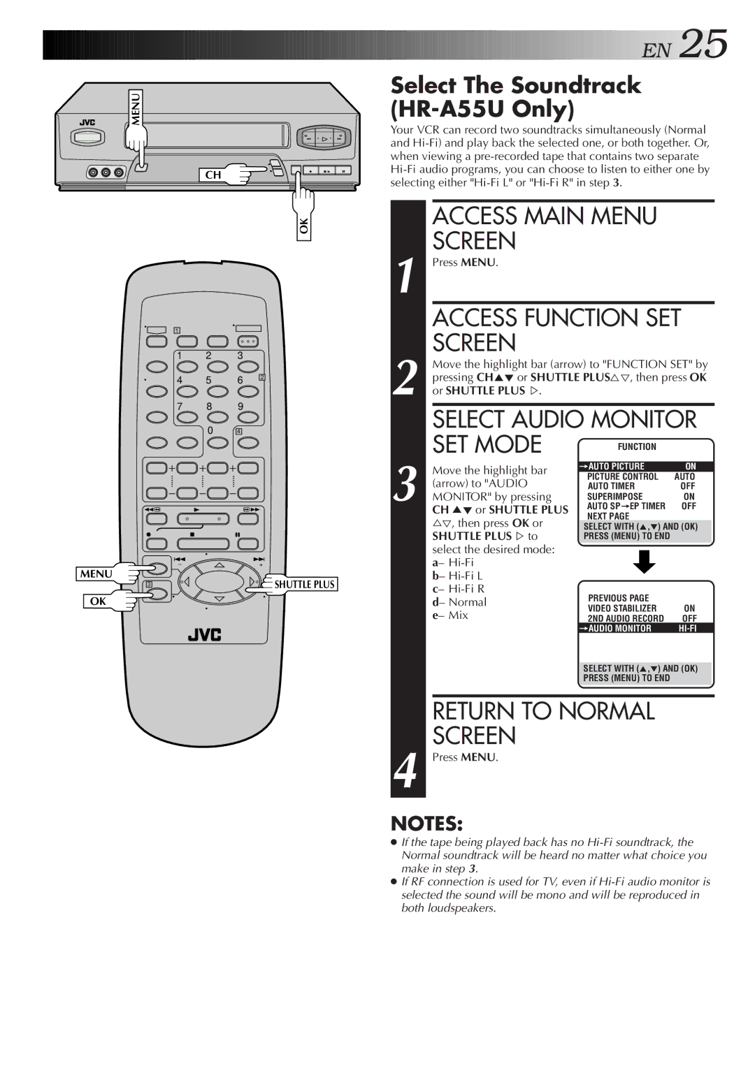 JVC instruction manual Select Audio Monitor, Select The Soundtrack HR-A55U Only, CH 5 or Shuttle Plus, Shuttle PLUS%to 