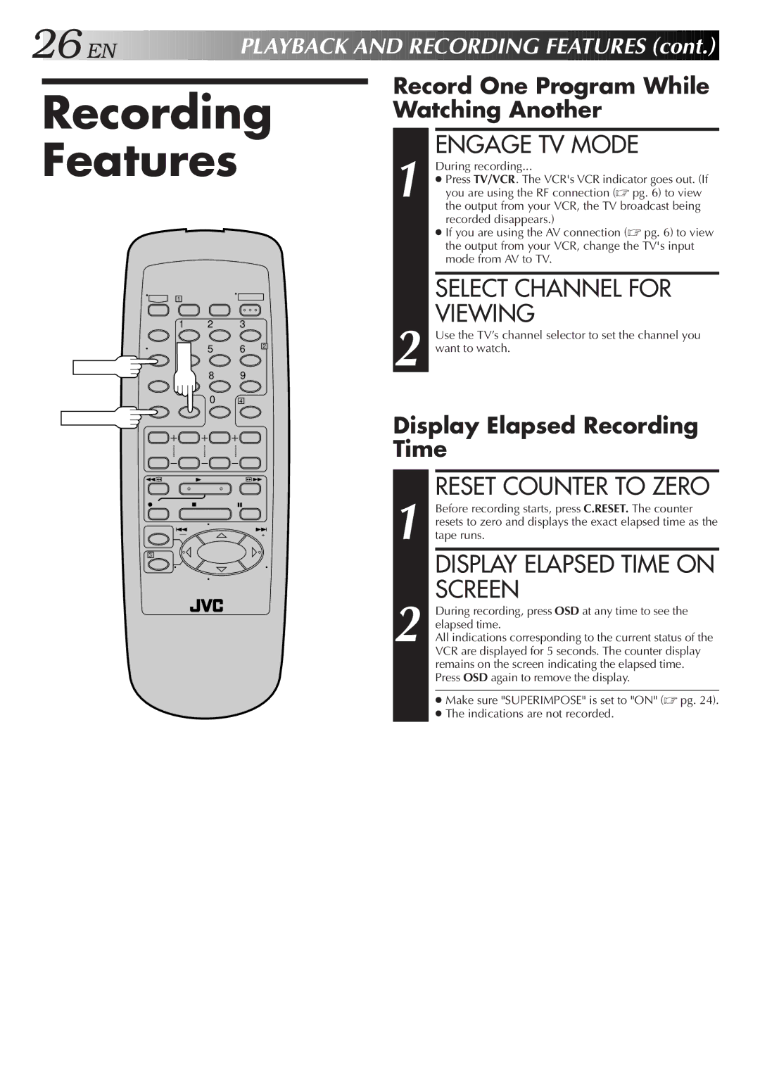 JVC HR-A55U Recording Features, Engage TV Mode, Select Channel for Viewing, Record One Program While Watching Another 