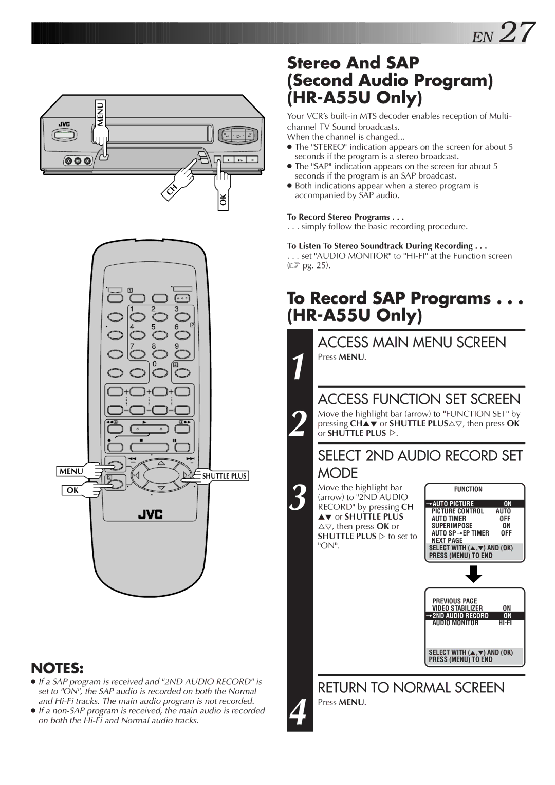 JVC instruction manual Stereo And SAP Second Audio Program HR-A55U Only, To Record SAP Programs HR-A55U Only 