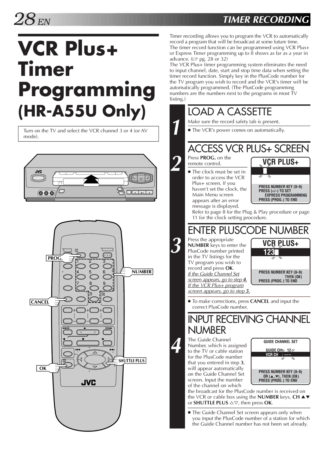 JVC HR-A55U instruction manual VCR Plus+ Timer Programming, Enter Pluscode Number, Input Receiving Channel Number 