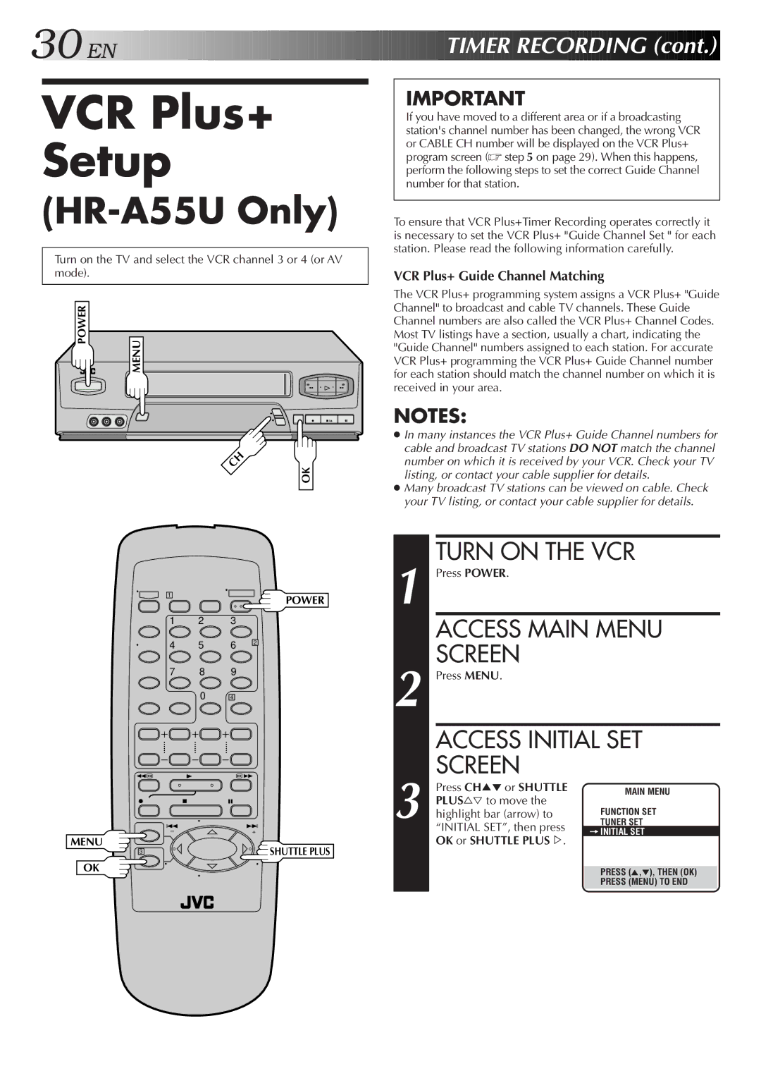 JVC HR-A55U instruction manual VCR Plus+ Setup, Access Initial SET Screen, VCR Plus+ Guide Channel Matching 