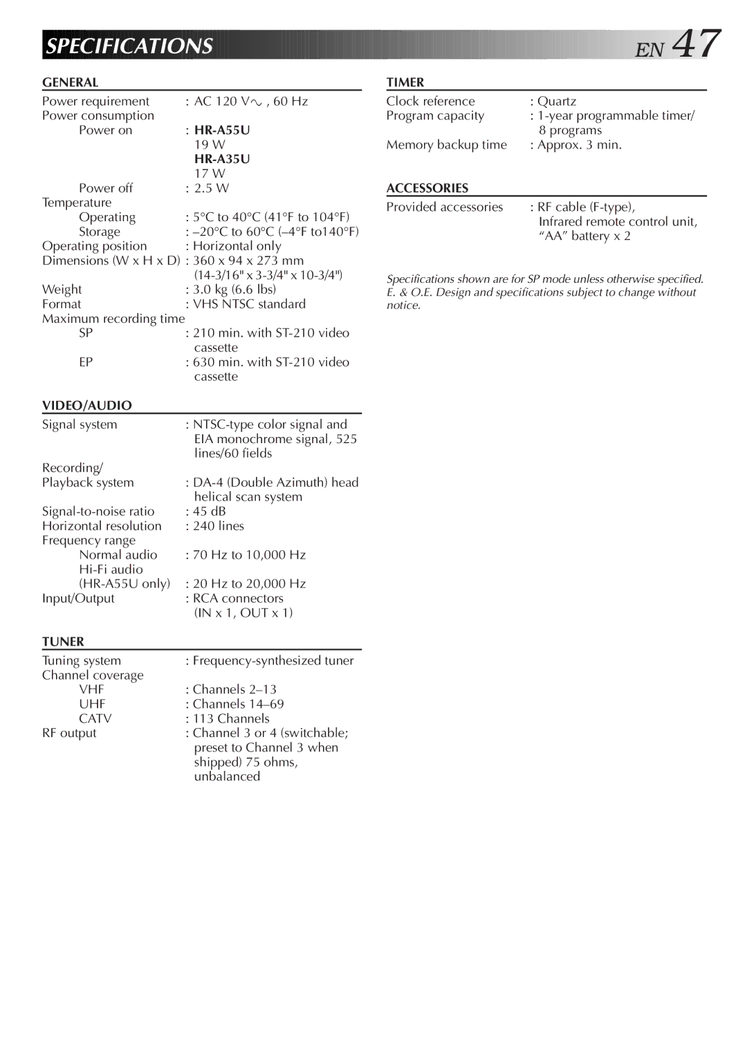 JVC HR-A55U instruction manual 