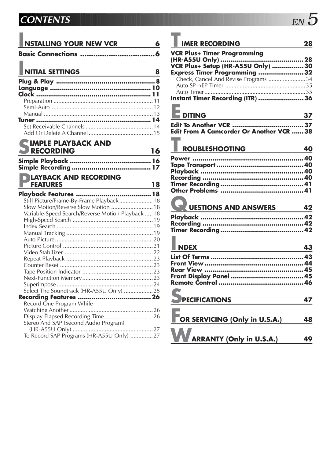 JVC HR-A55U instruction manual Contents 