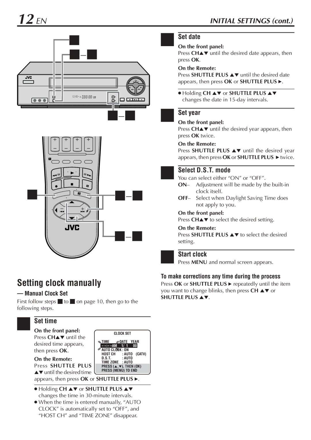 JVC HR-A56U 12 EN, Setting clock manually, Select D.S.T. mode, Manual Clock Set 