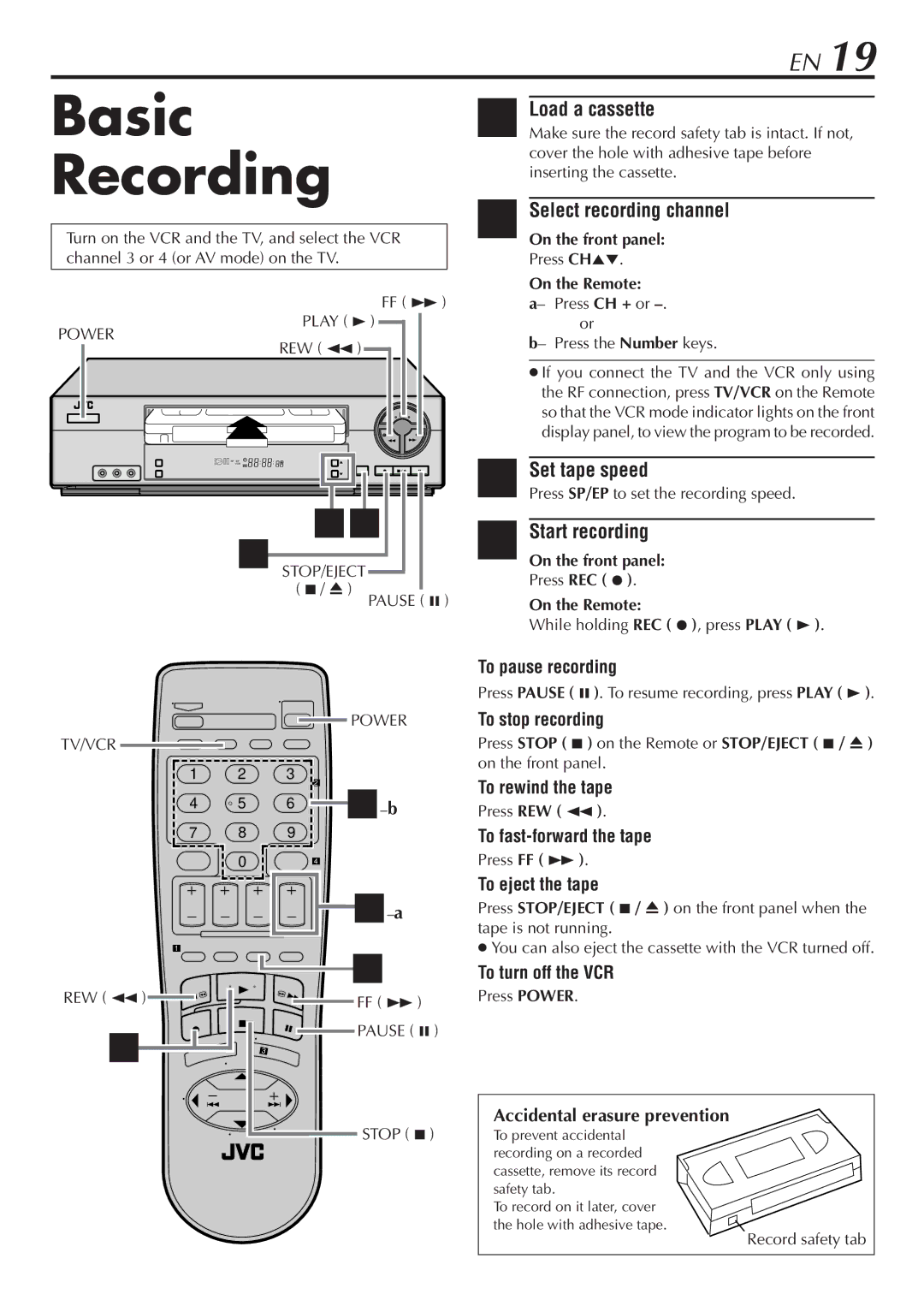 JVC HR-A56U manual Basic Recording, Select recording channel, Set tape speed, Start recording 