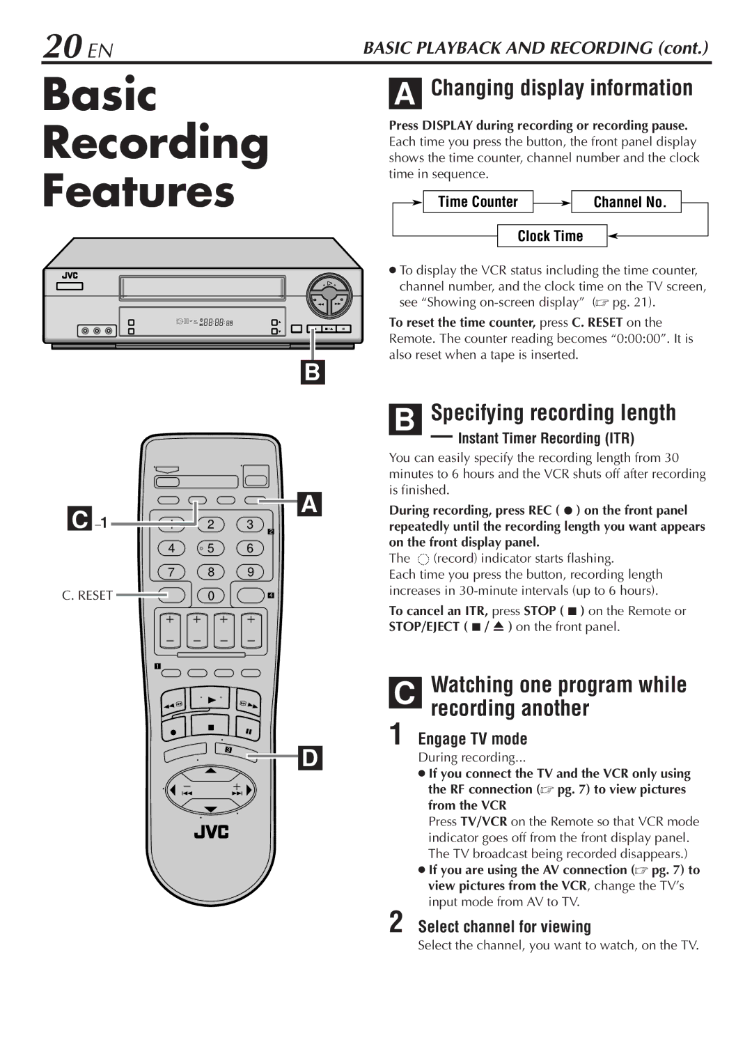 JVC HR-A56U Basic Recording Features, 20 EN, Specifying recording length, Watching one program while recording another 