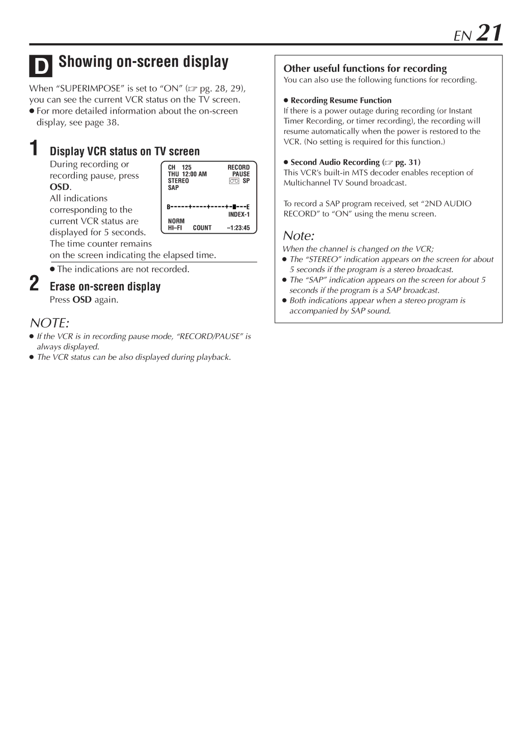 JVC HR-A56U manual Showing on-screen display, Display VCR status on TV screen, Erase on-screen display 