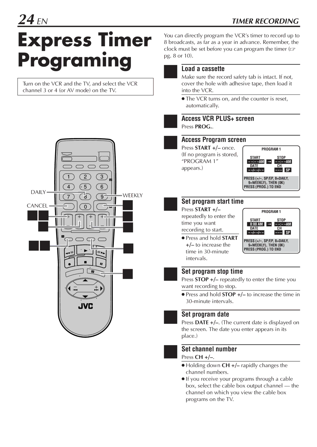 JVC HR-A56U manual Express Timer Programing, 24 EN 