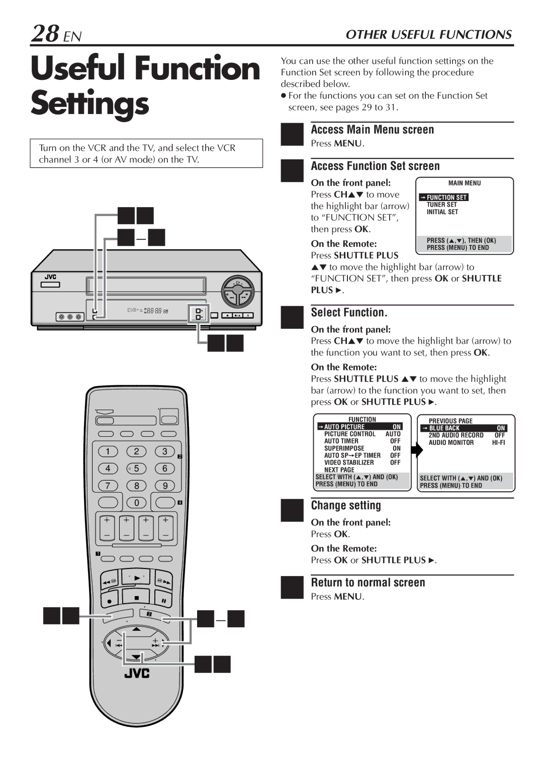 JVC HR-A56U manual Useful Function Settings, 28 EN, Select Function, Change setting, On the Remote Press OK or Shuttle Plus 