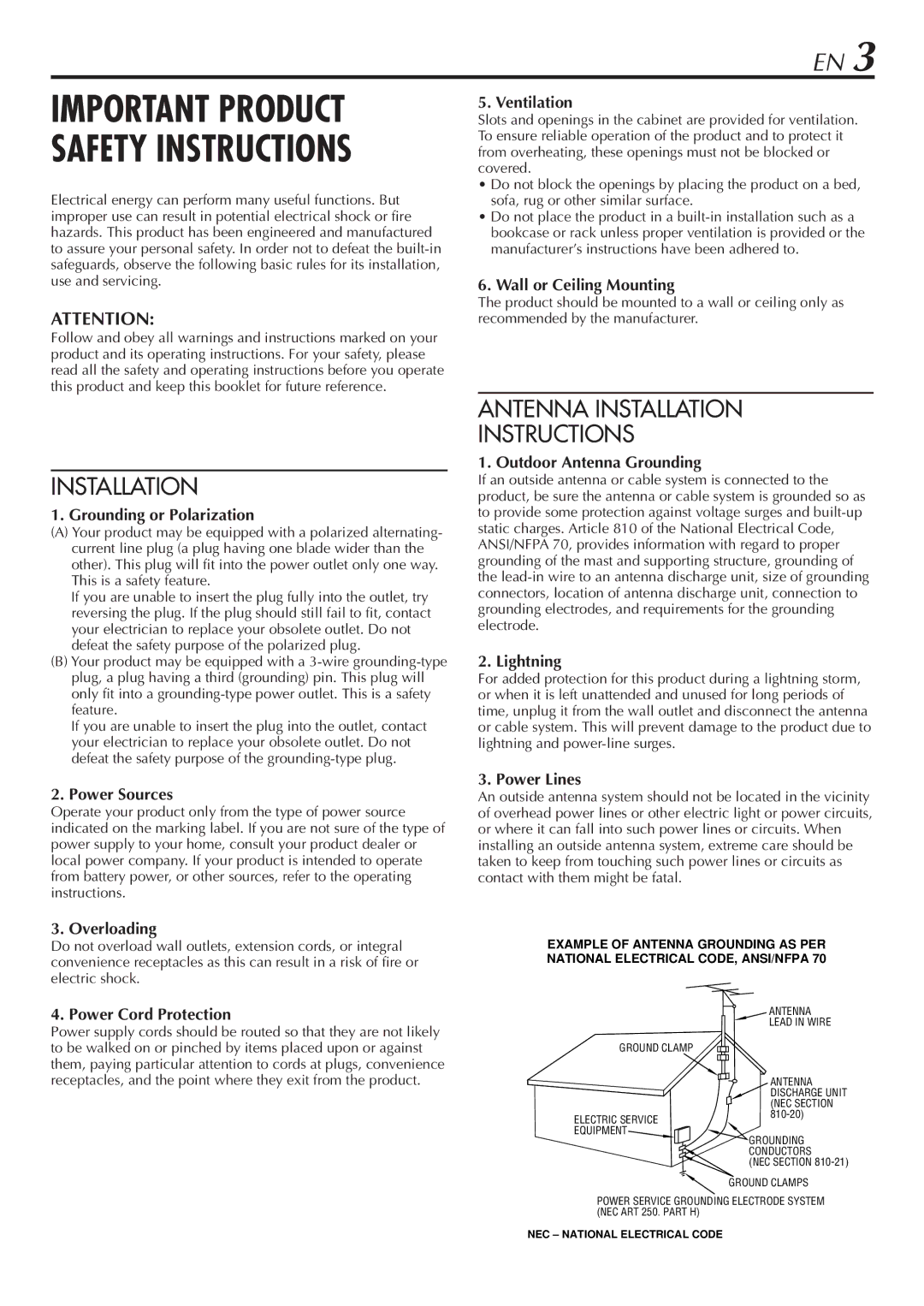 JVC HR-A56U Grounding or Polarization, Power Sources, Ventilation, Wall or Ceiling Mounting, Outdoor Antenna Grounding 