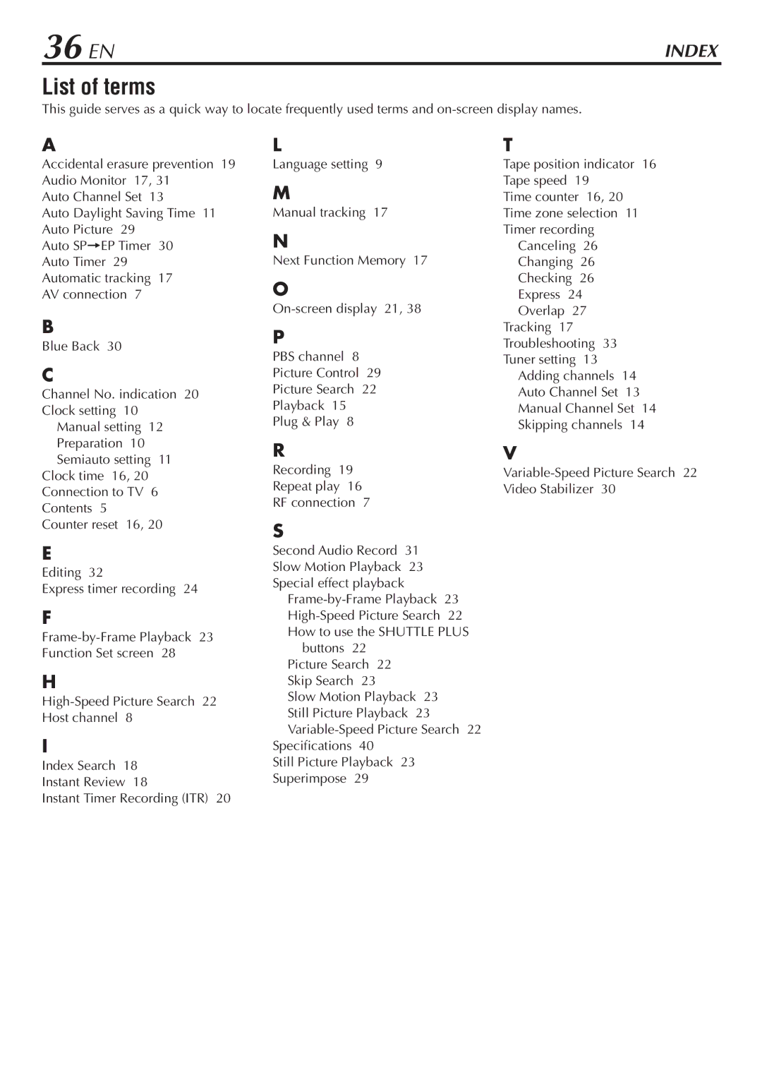 JVC HR-A56U manual 36 EN, List of terms 