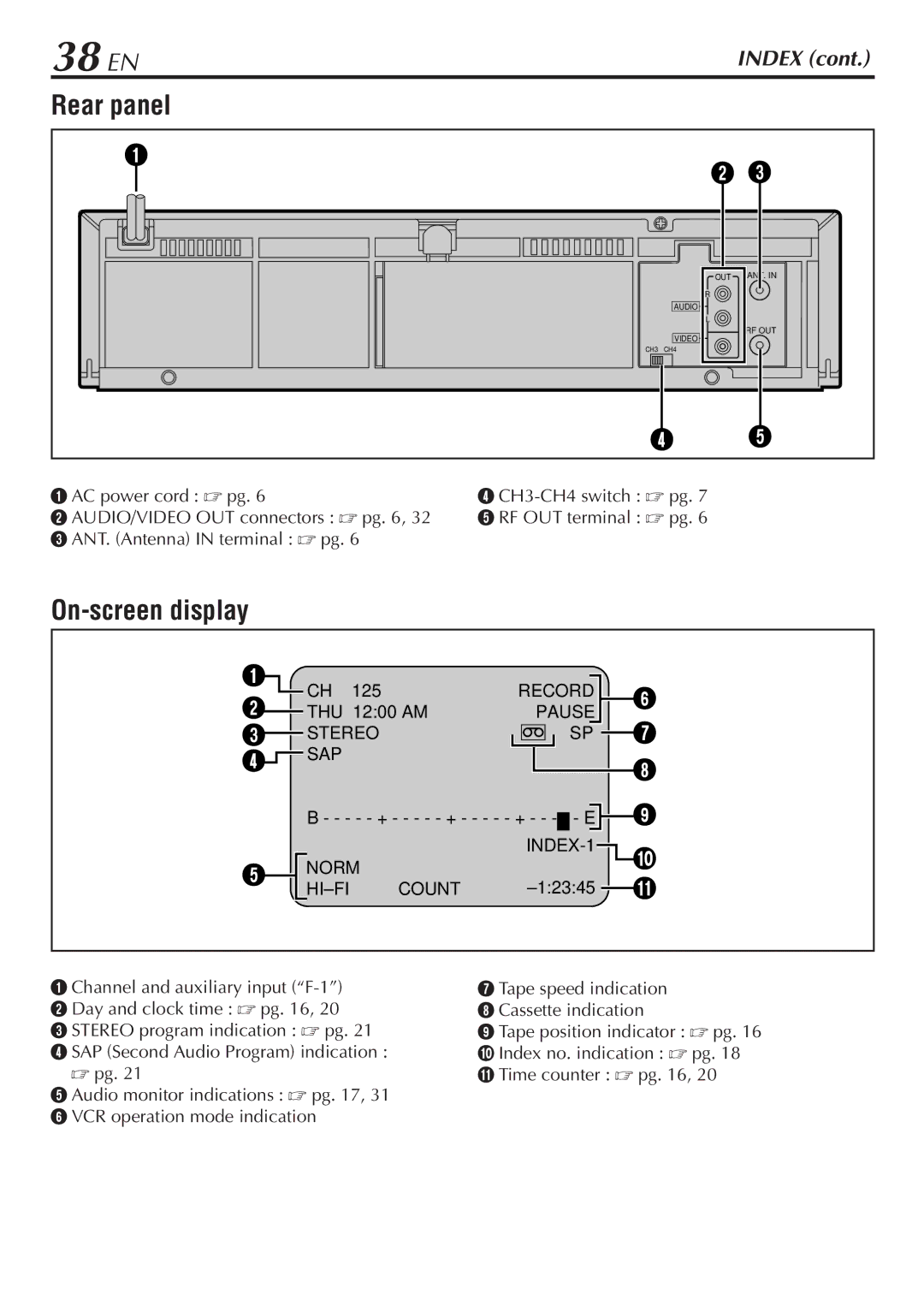 JVC HR-A56U manual 38 EN, Rear panel, On-screen display 