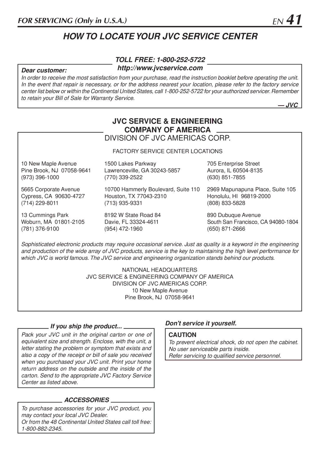 JVC HR-A56U manual HOW to Locate Your JVC Service Center 