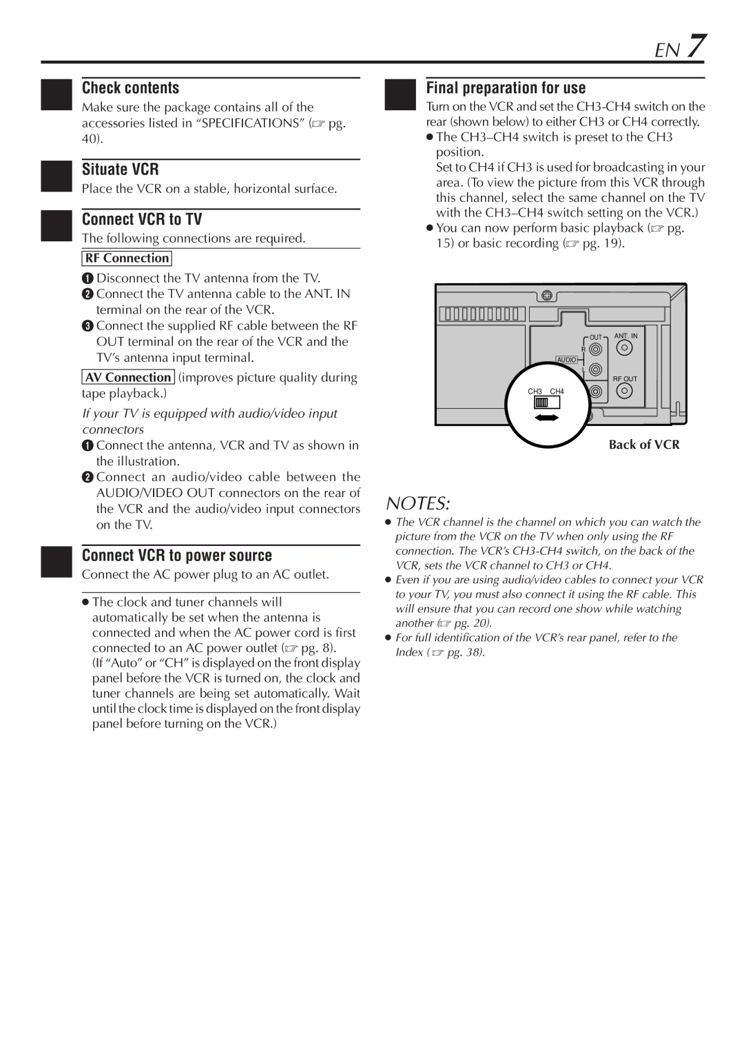 JVC HR-A56U manual Check contents, Situate VCR, Connect VCR to TV, Final preparation for use, RF Connection 