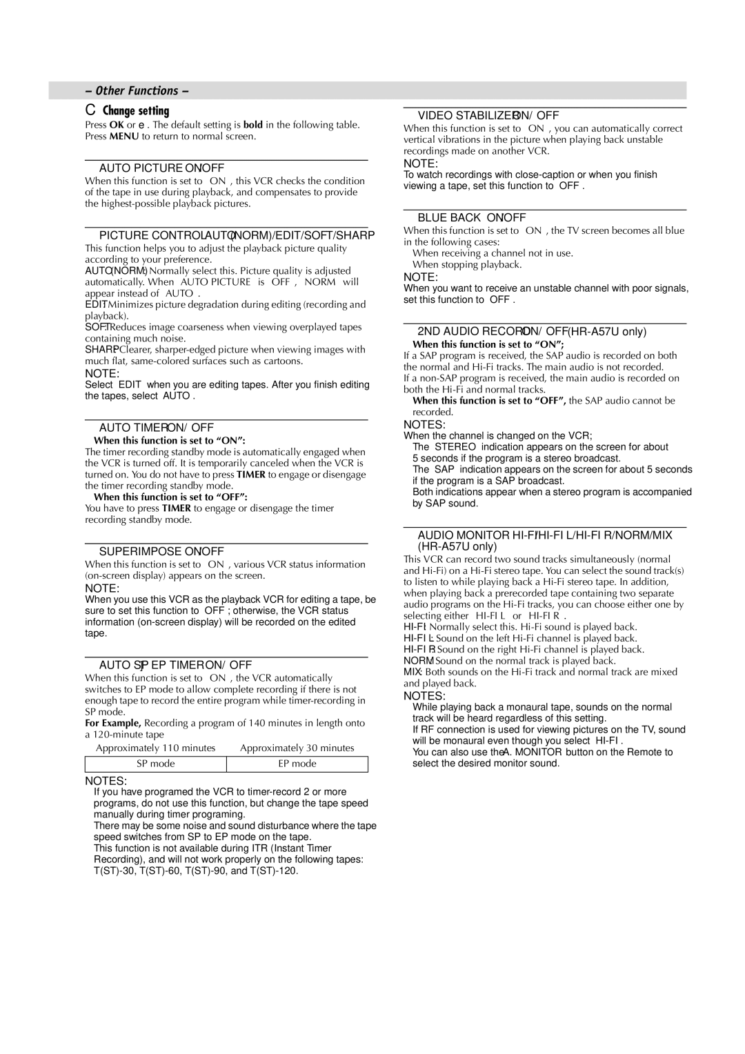 JVC HR-A57U manual Change setting, When this function is set to on, When this function is set to OFF, EP mode 