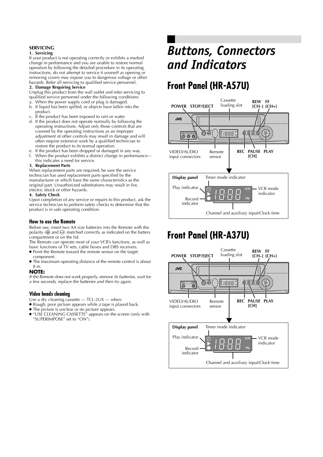 JVC manual Front Panel HR-A57U, Front Panel HR-A37U, How to use the Remote, Video heads cleaning, Servicing 