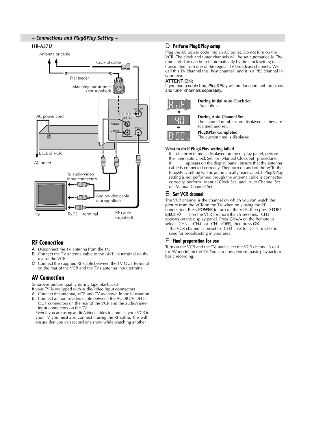 JVC HR-A57U manual RF Connection, AV Connection, Perform Plug&Play setup, Set VCR channel, Final preparation for use 