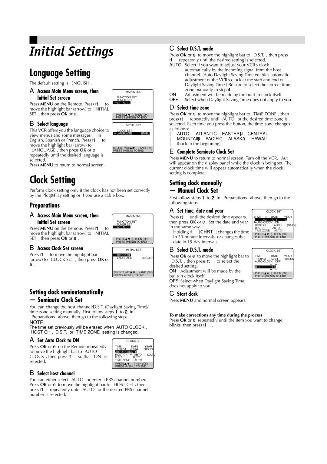 JVC HR-A57U manual Initial Settings, Language Setting, Clock Setting 